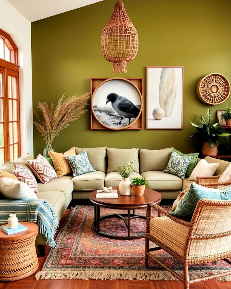 olive green into a bohemian style living room