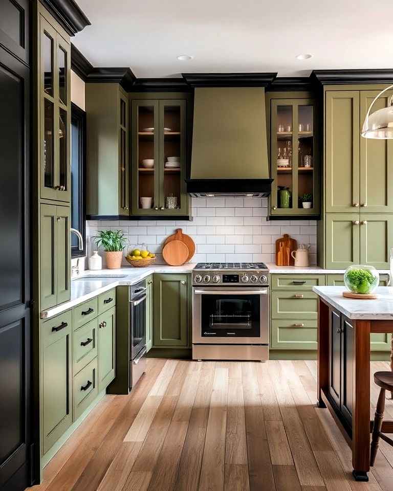 olive green kitchen cabinets with black trim