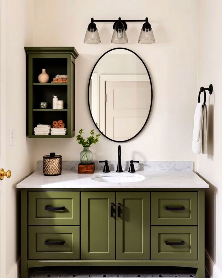 olive green vanity for small bathroom