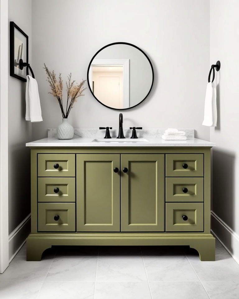 olive green vanity with light grey walls