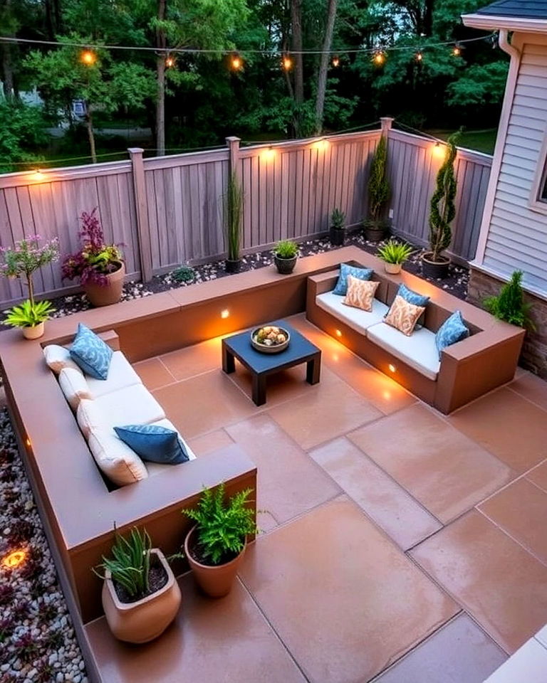 open air concrete patio with wall seating