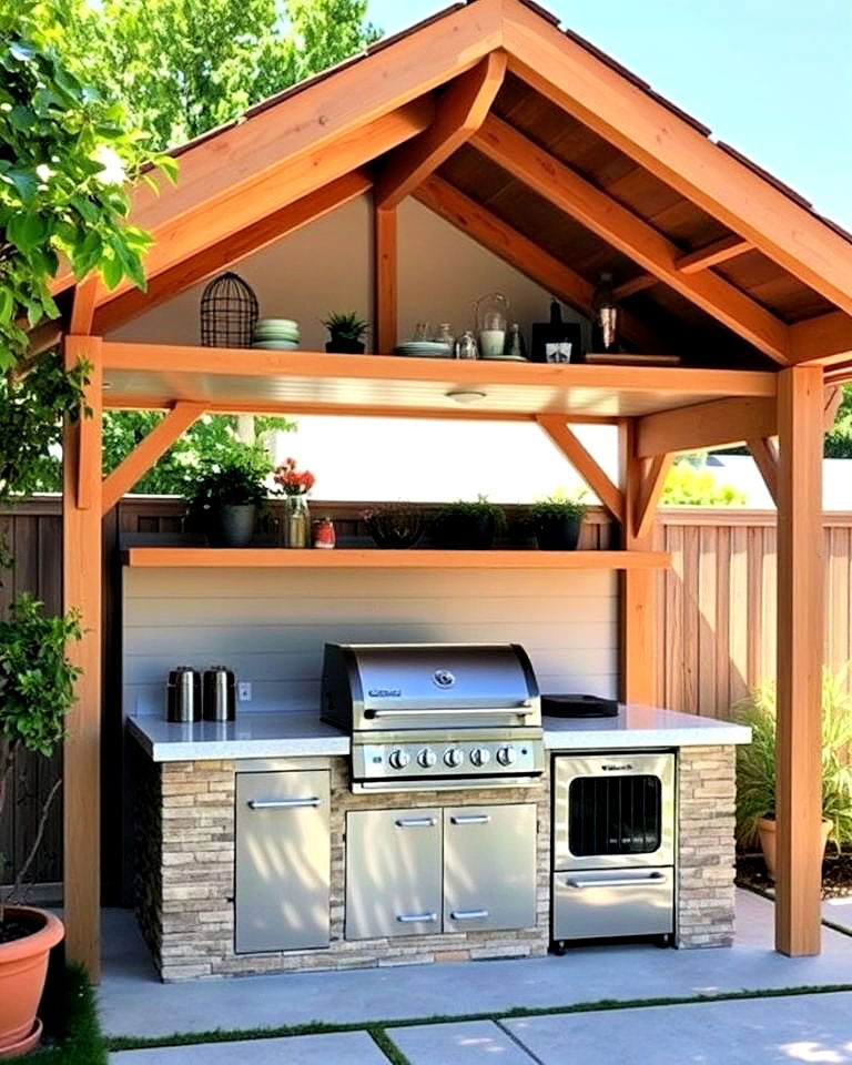 open air gazebo with floating shelves and grill