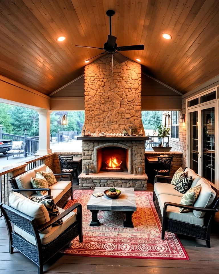 open air living room deck with stone fireplace