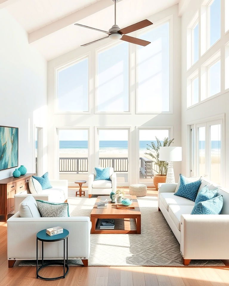 open and airy light filled beach house living room