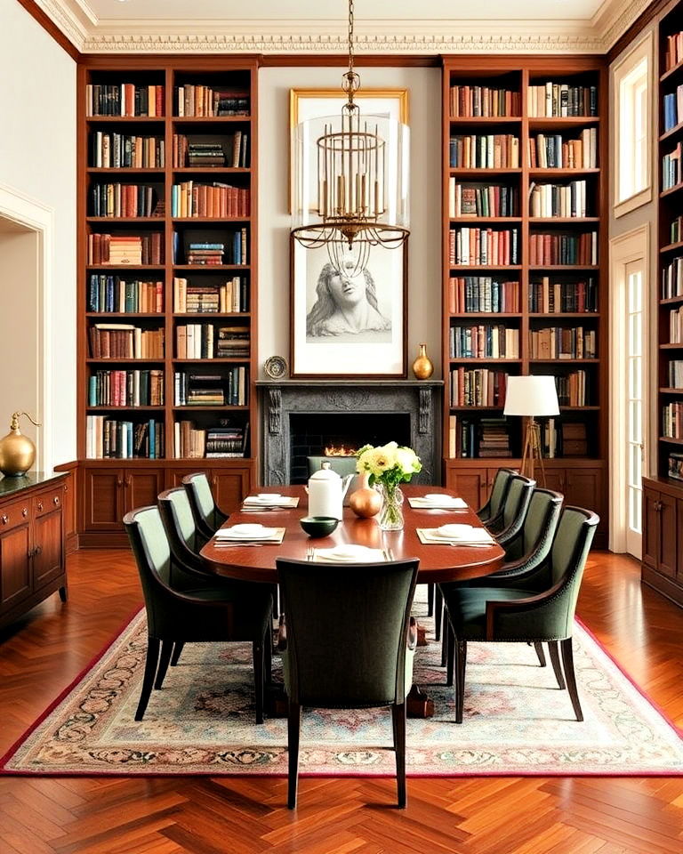open concept library and dining room