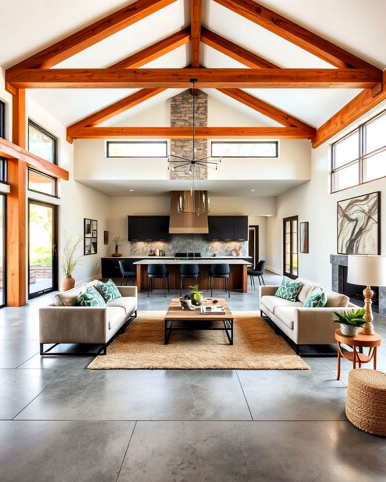 open concept living room with concrete flooring