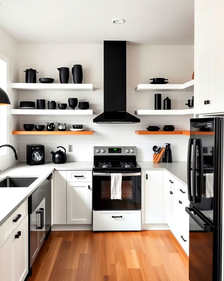 open kitchen shelving to showcase black appliances