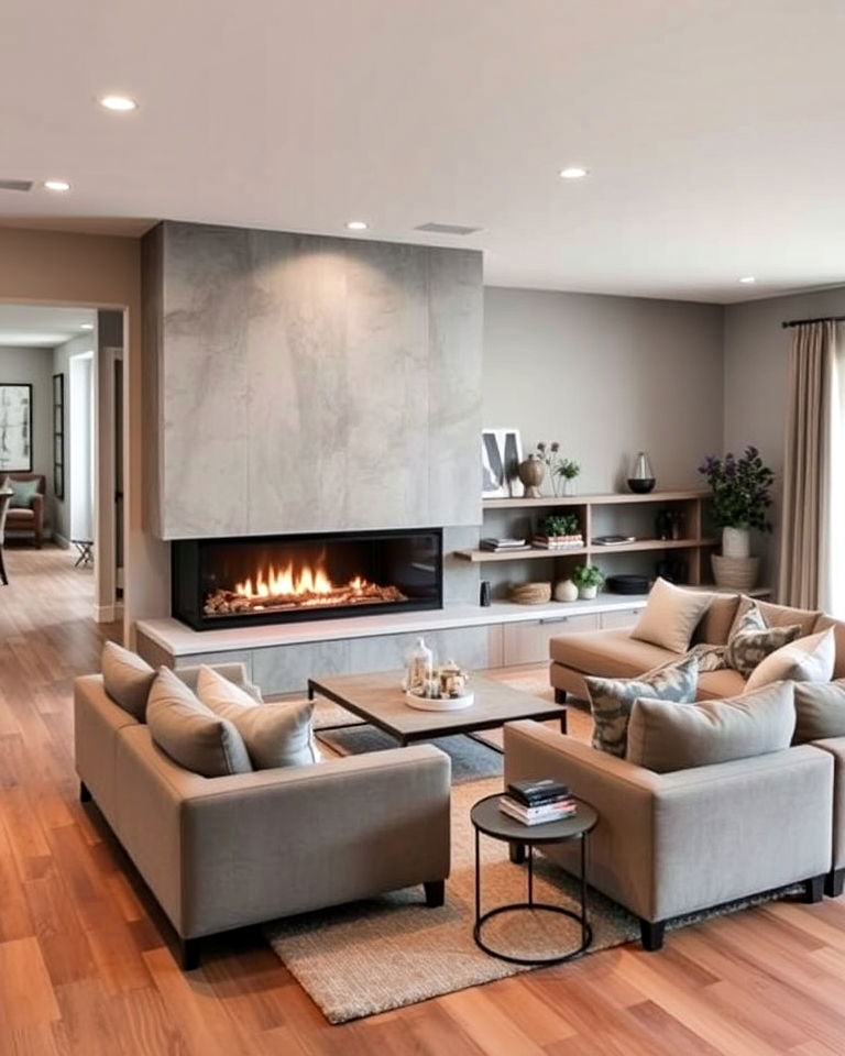 open plan living room with sectional and double sided fireplace