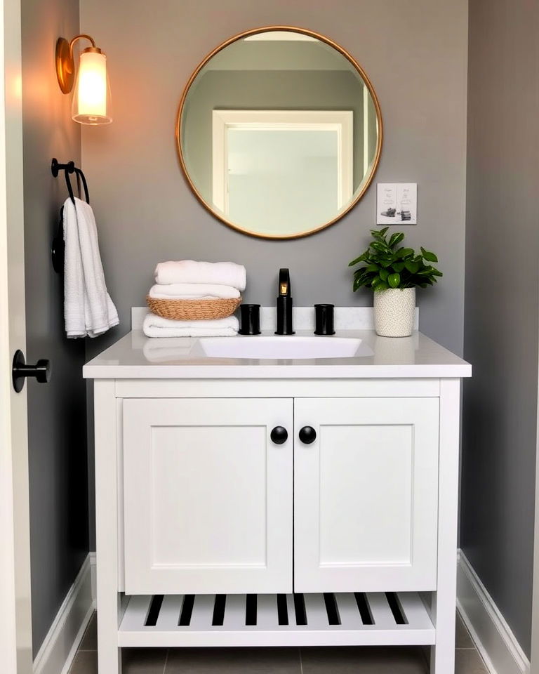 open shelf vanity for a small half bathroom