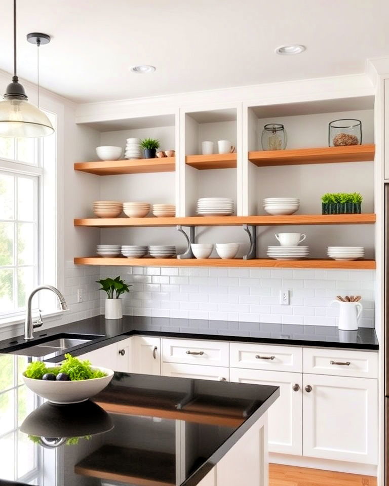 open shelving and black countertop for kitchen