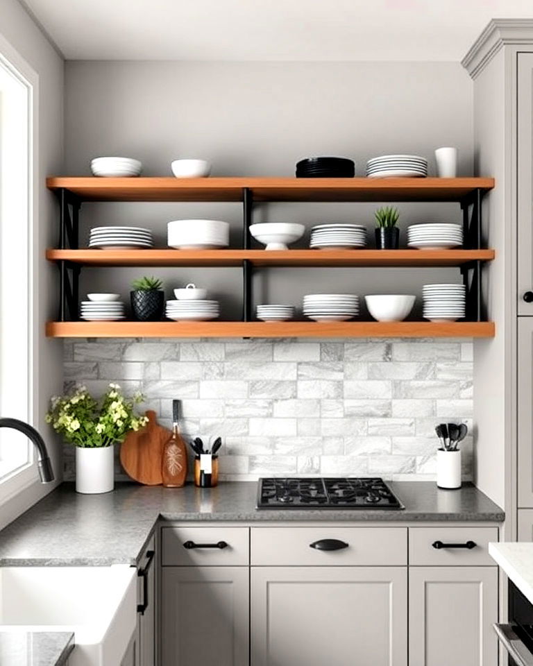 open shelving with black accents