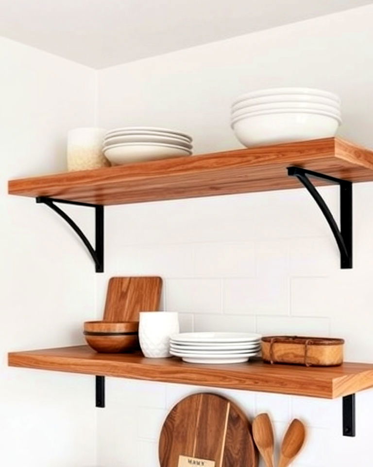 open shelving with black brackets for kitchen
