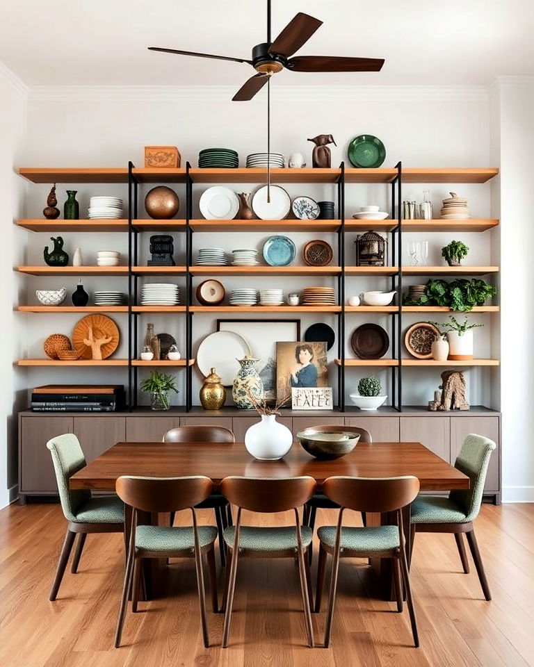 open shelving with displayed collections
