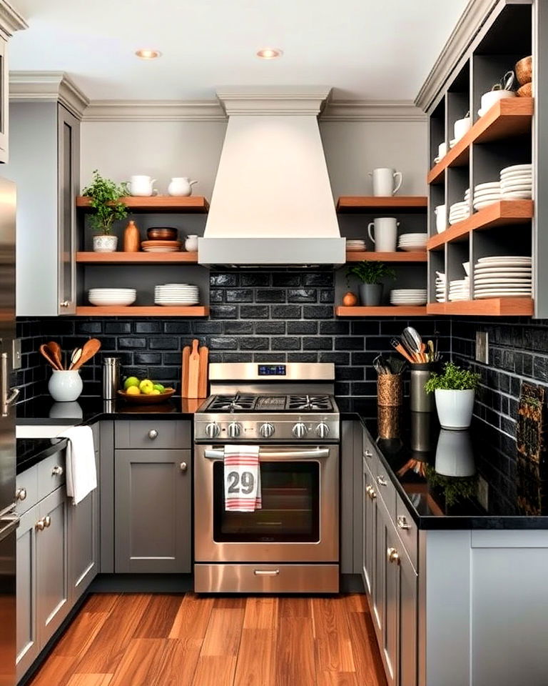open shelving with gray cabinets and black countertop