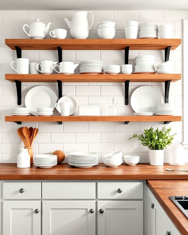 open shelving with rustic white plates