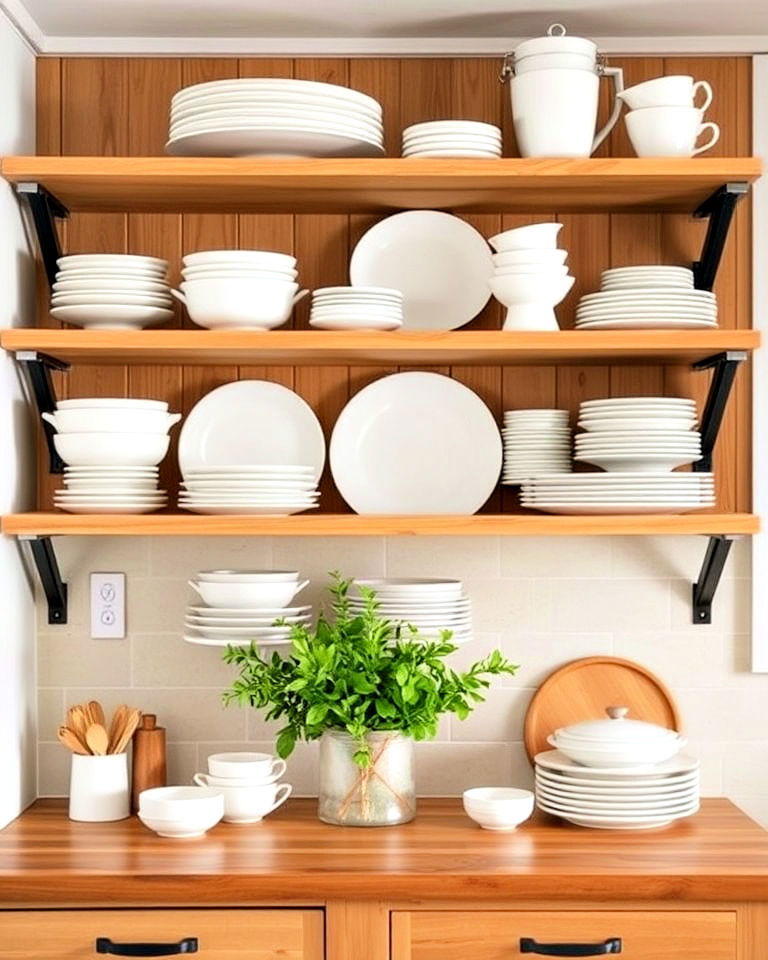 open shelving with white dishware