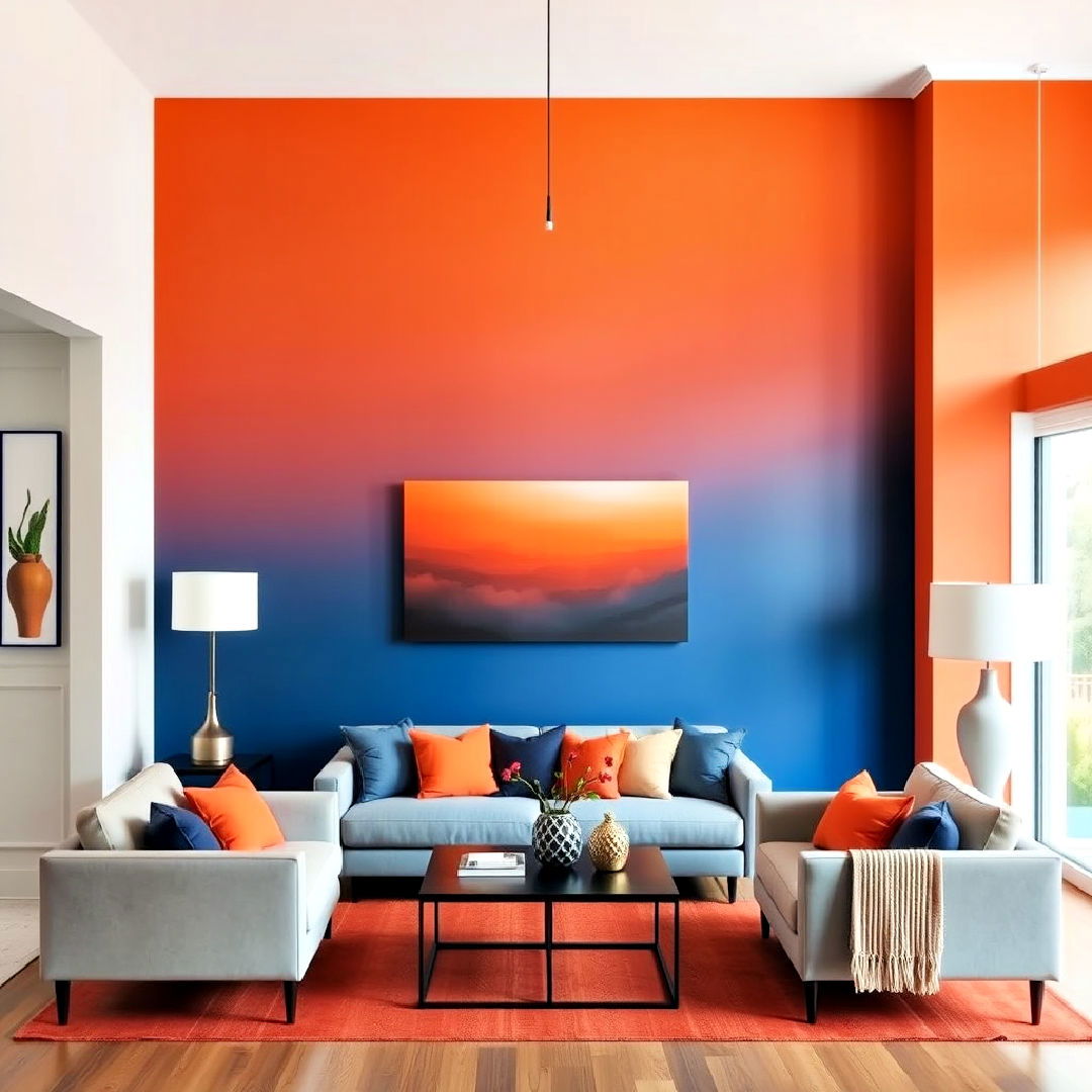 orange and blue accent wall living room
