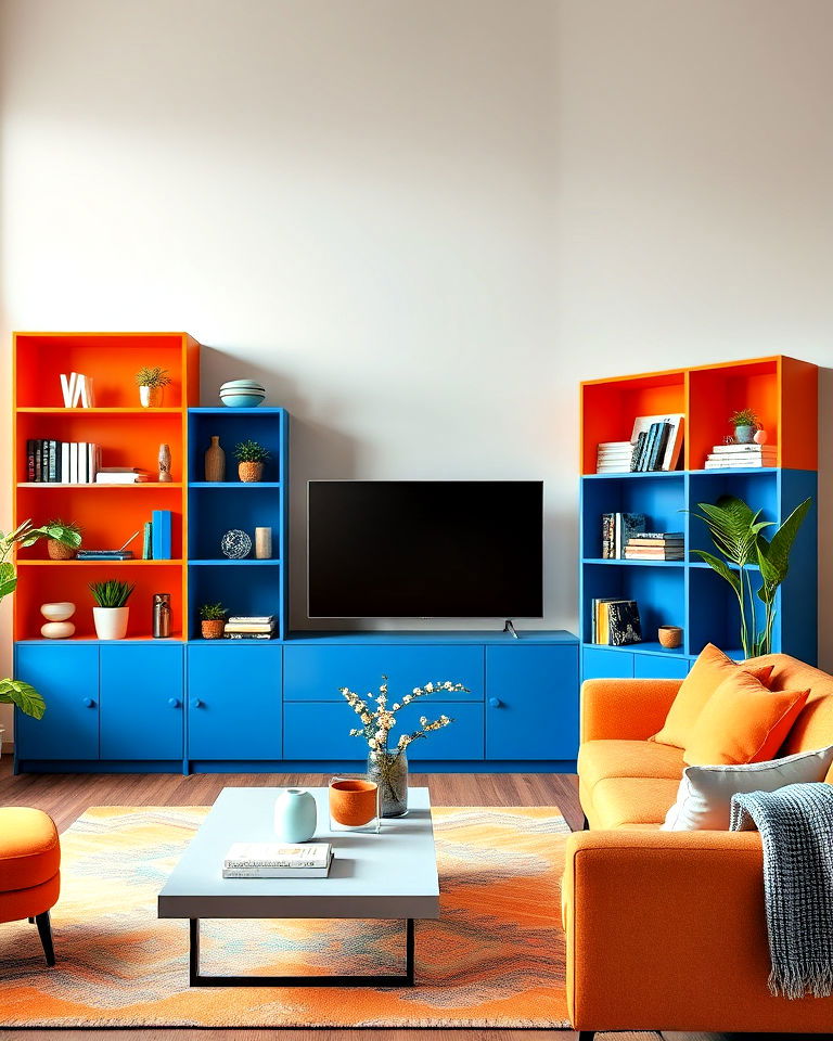 orange and blue bookcases for living room
