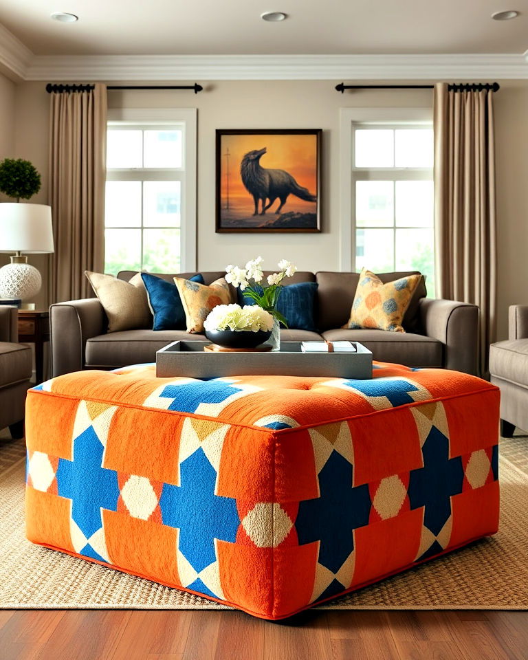 orange and blue cushioned ottoman