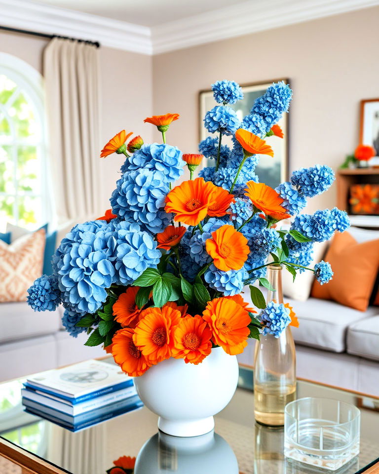 orange and blue floral arrangements for living room