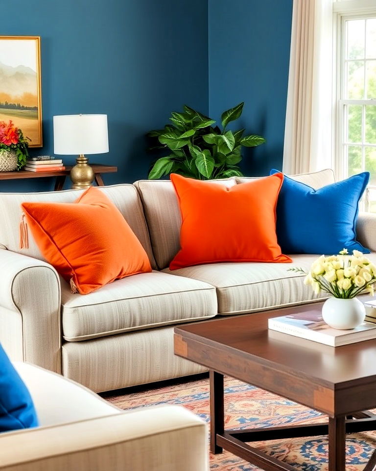 orange and blue throw pillows on neutral furniture
