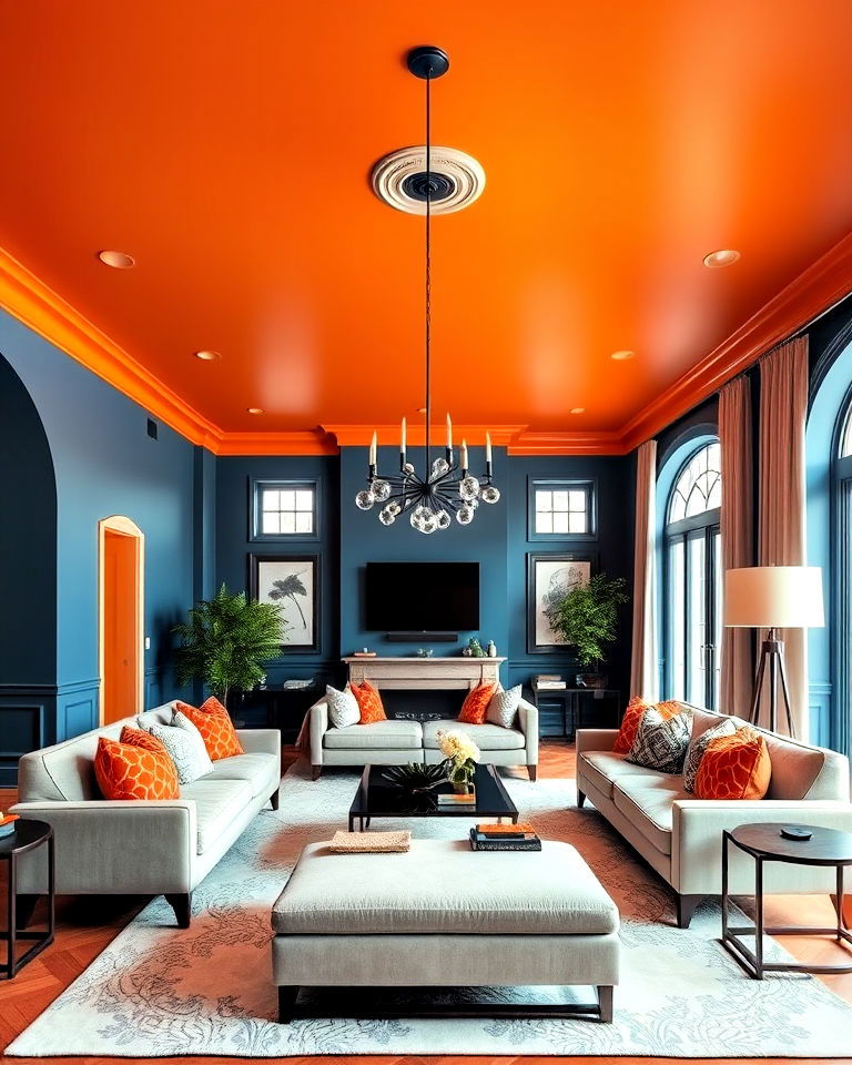 orange ceiling with blue walls for living room