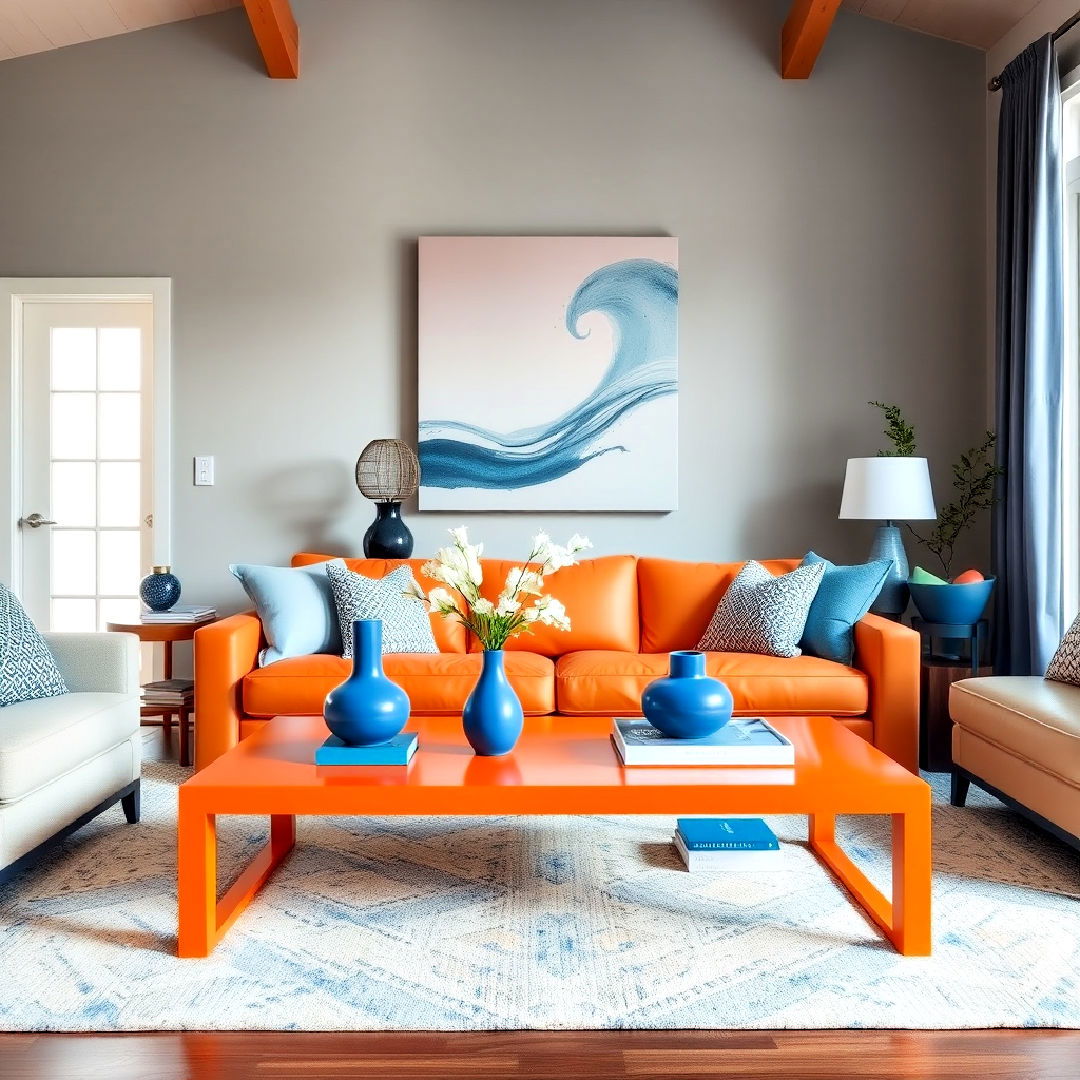 orange coffee table with blue accessories
