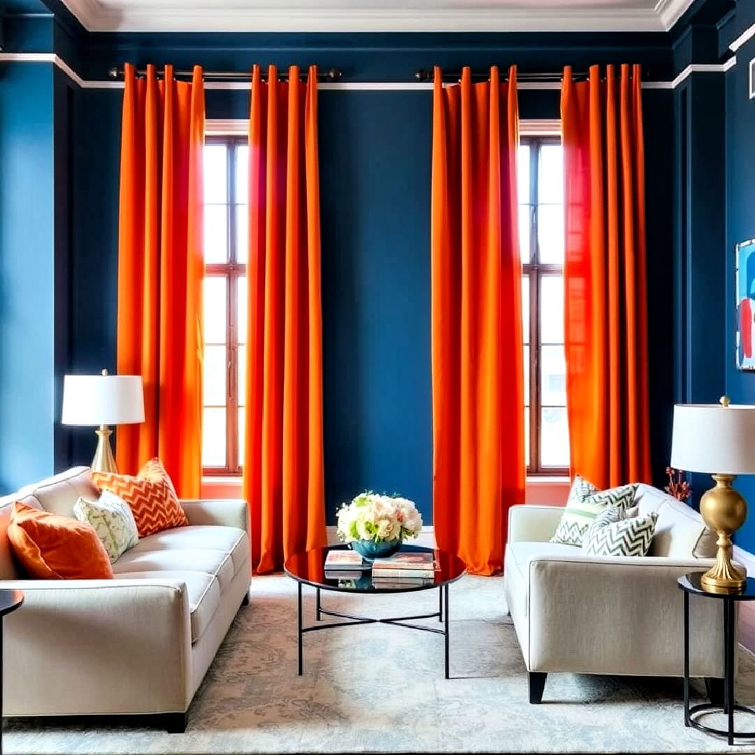 orange curtains with blue walls for living room