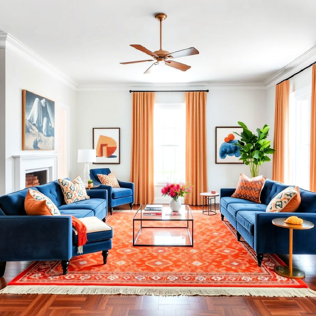 orange rug with blue furniture in living room