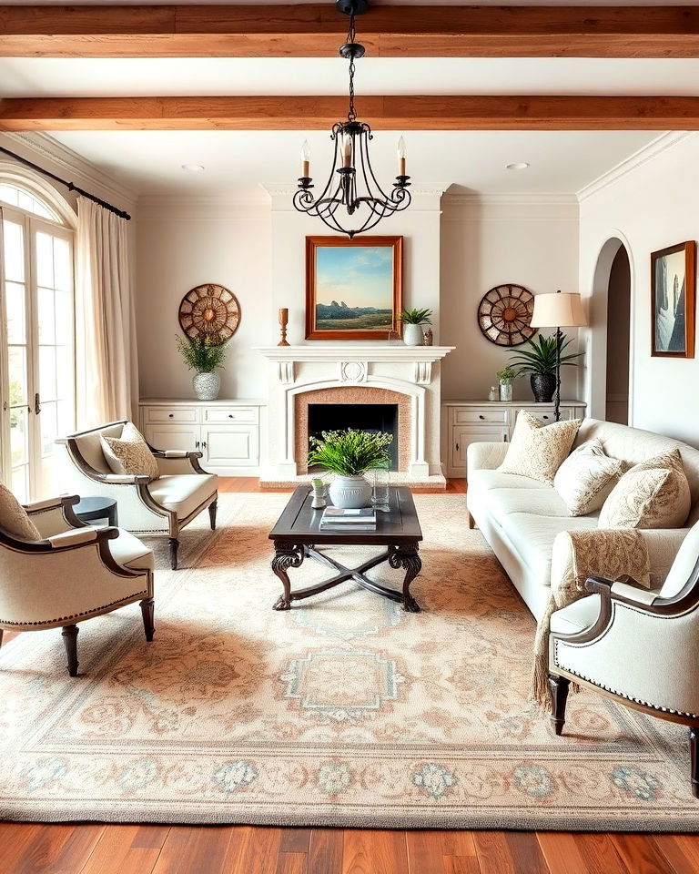 ornate area rug to anchor French country living room