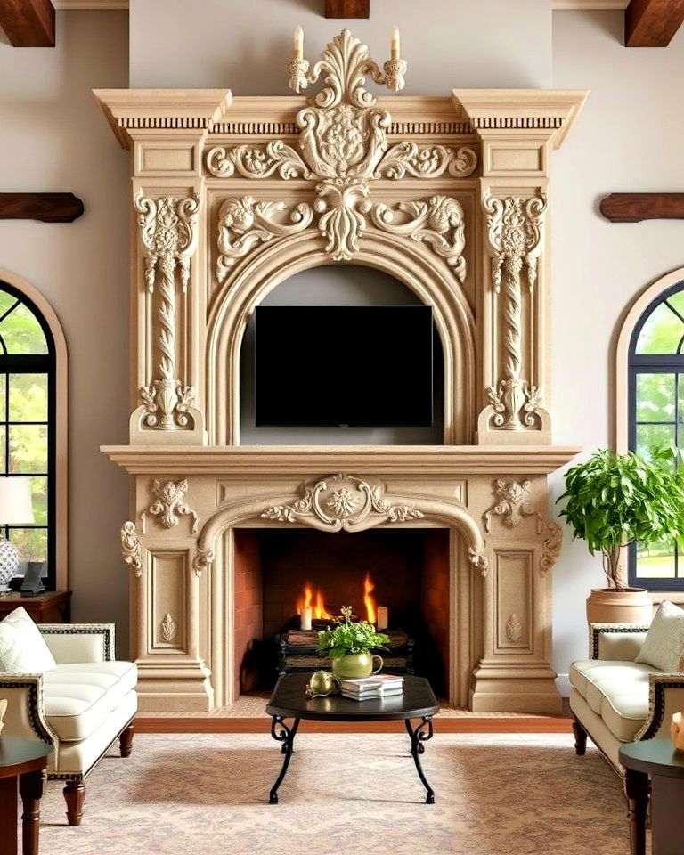 ornate carved stone fireplace for elegant living rooms