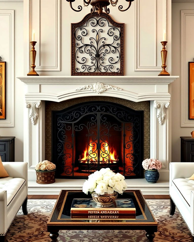 ornate detailed fireplace screen as a centerpiece