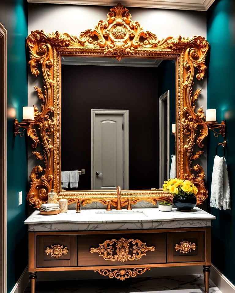 ornate mirror as statement piece in bathroom