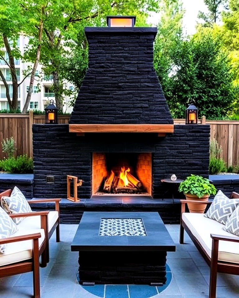 outdoor black stone fireplace for backyard entertaining