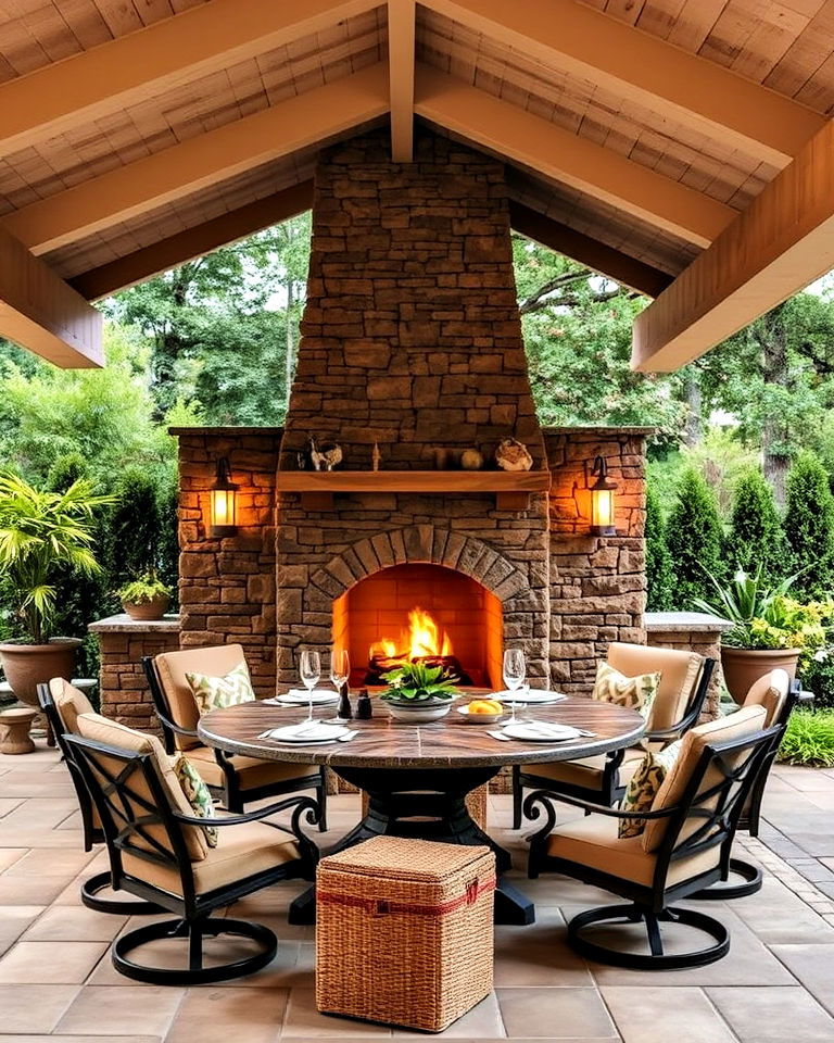 outdoor dining room with stone fireplace