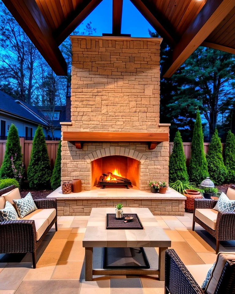 outdoor faux stone fireplace