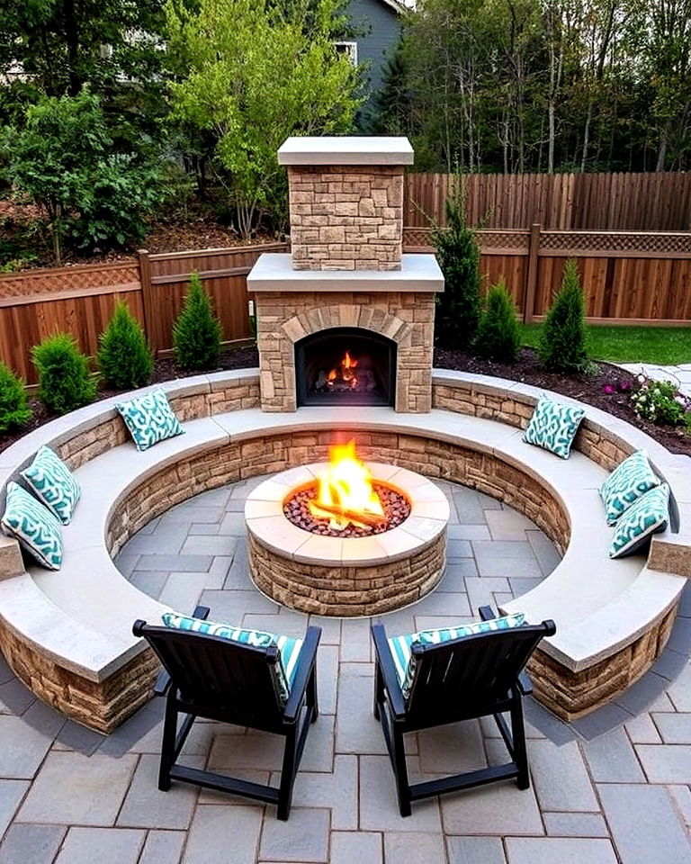 outdoor fire pit with circular built in seating bench