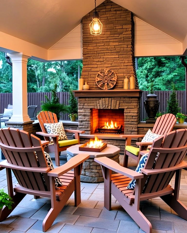 outdoor fireplace seating with adirondack chairs