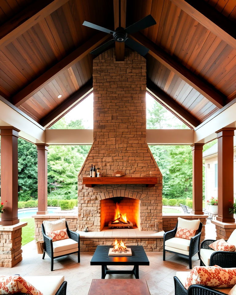 outdoor fireplace under vaulted patio ceiling