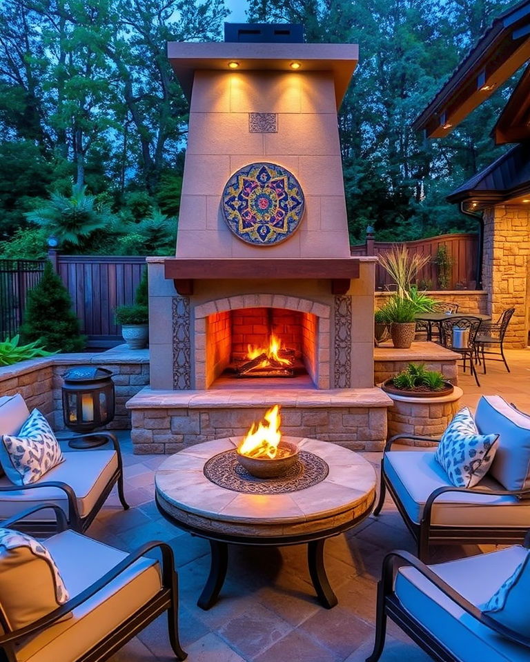 outdoor fireplace with mosaic details