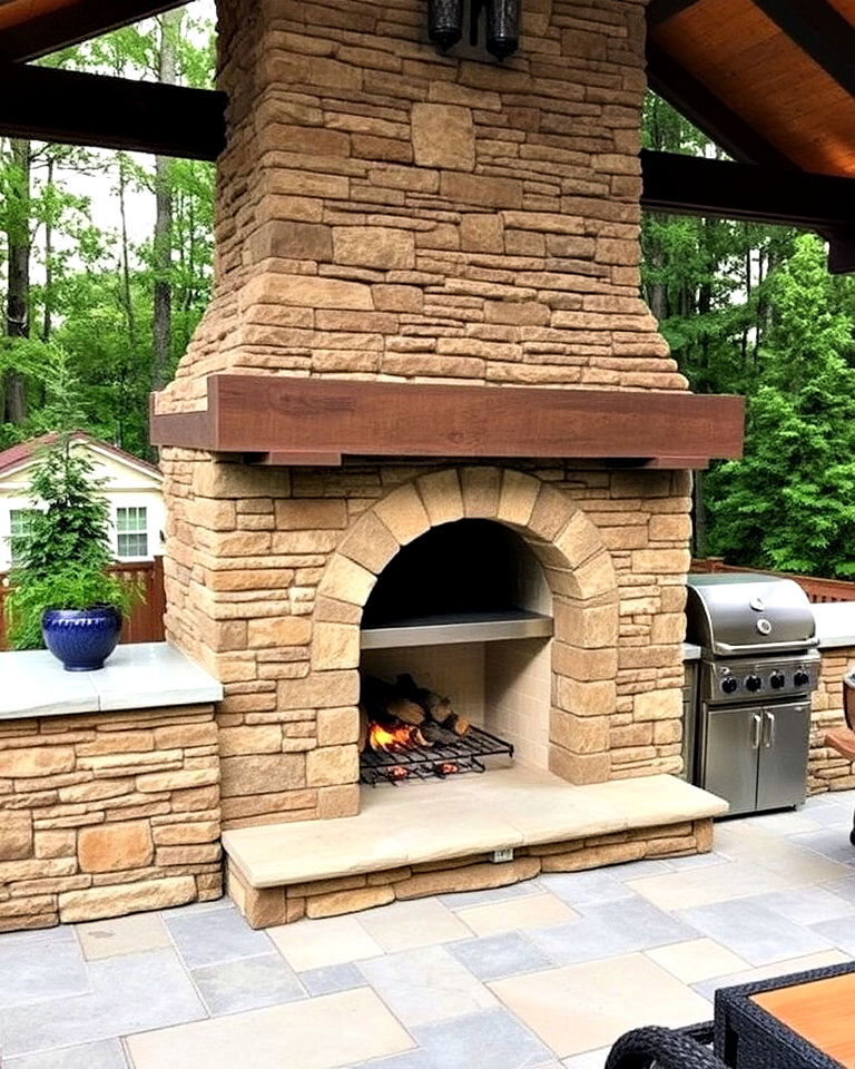 outdoor kitchen stacked stone fireplace