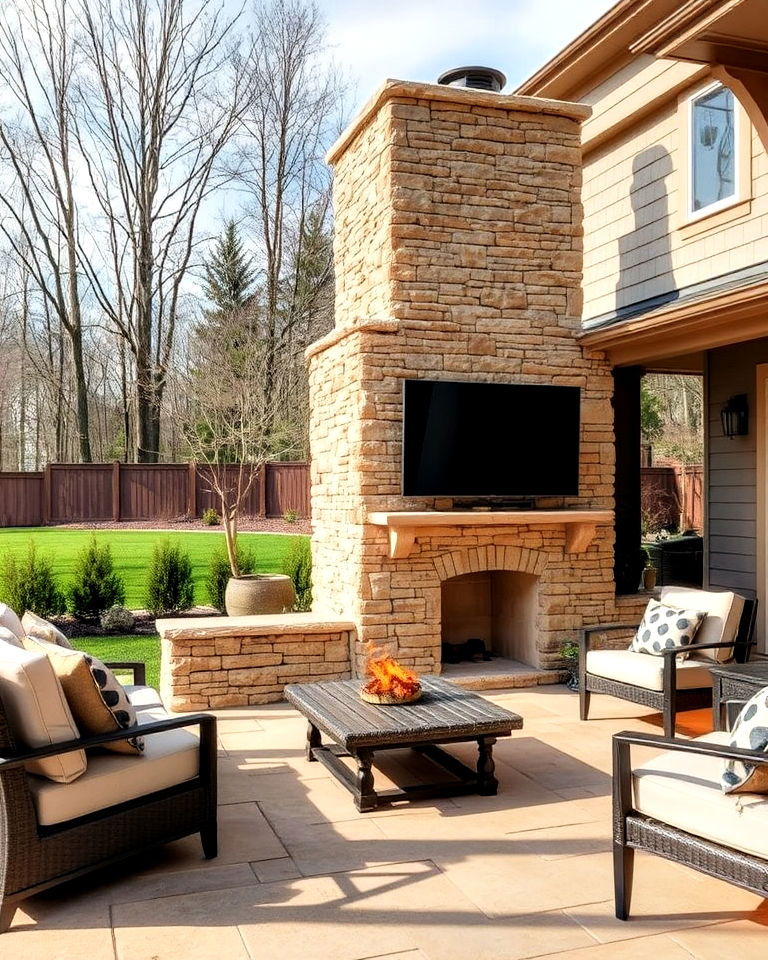 outdoor patio stacked stone fireplace