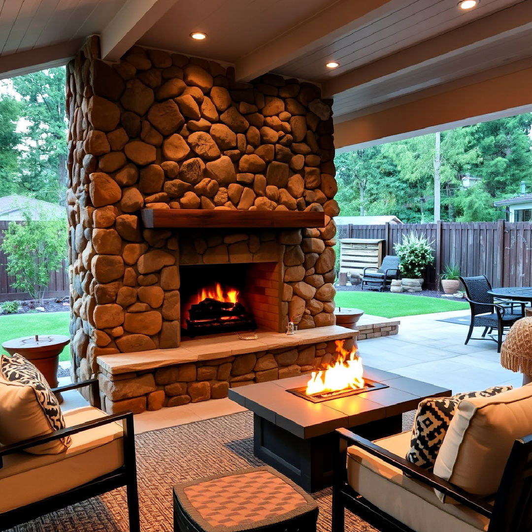 outdoor river rock fireplace