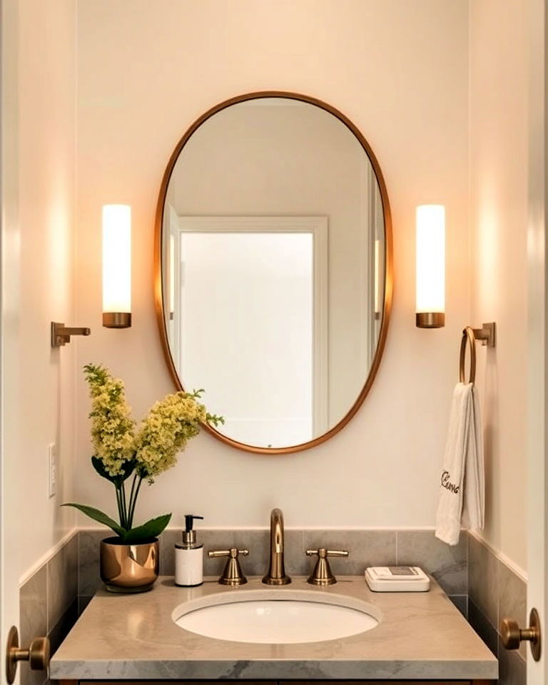 oval mirror as a hallway bathroom statement