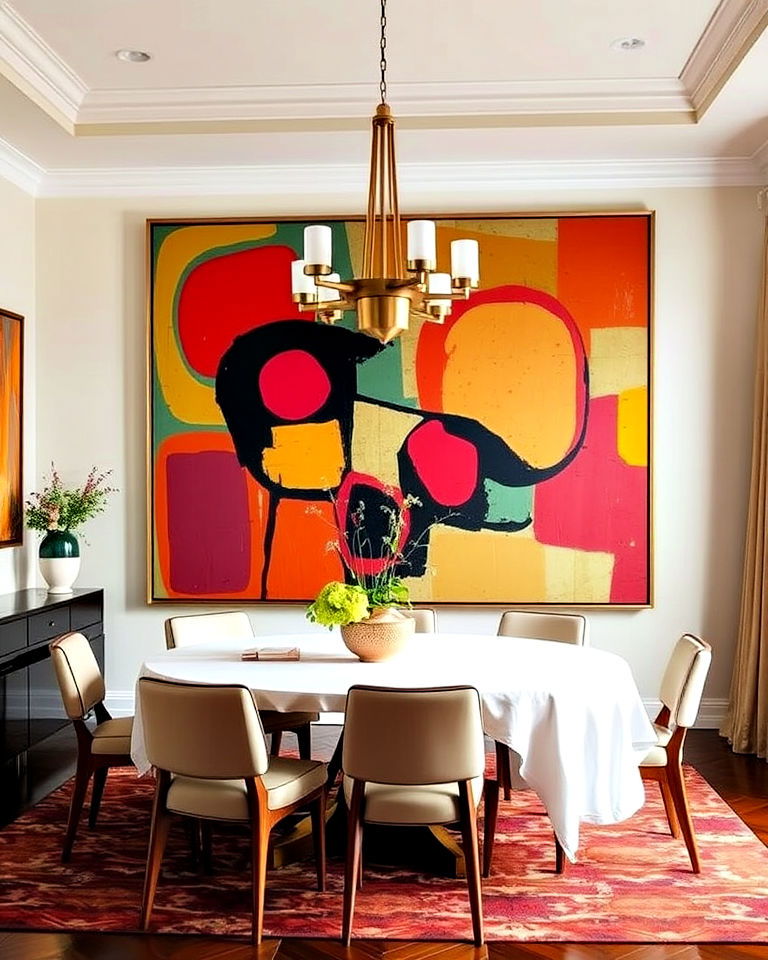 oversized artwork in a 70s inspired dining room
