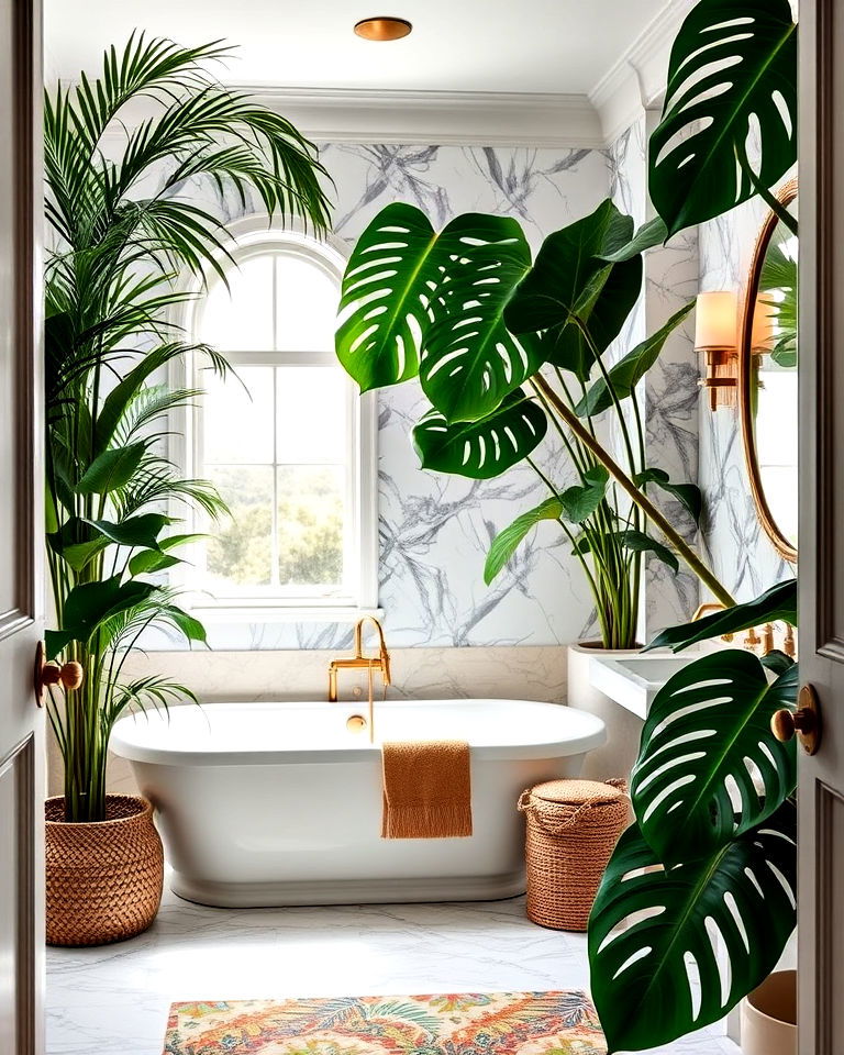 oversized plants for a tropical vibe bathroom