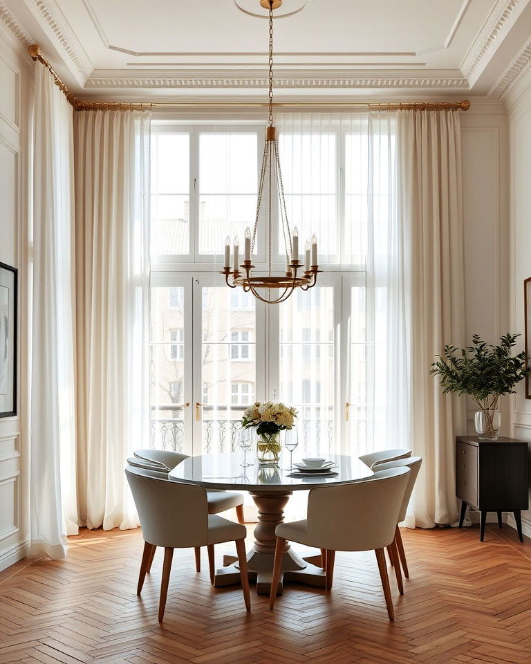 oversized windows with sheer drapes dining room