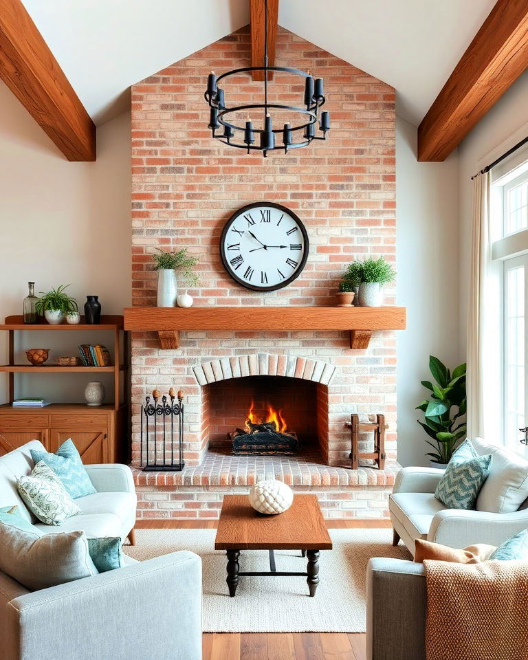 painted brick fireplace with rustic accents