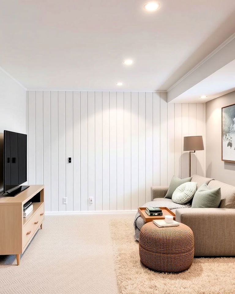 painted wood slats basement accent wall
