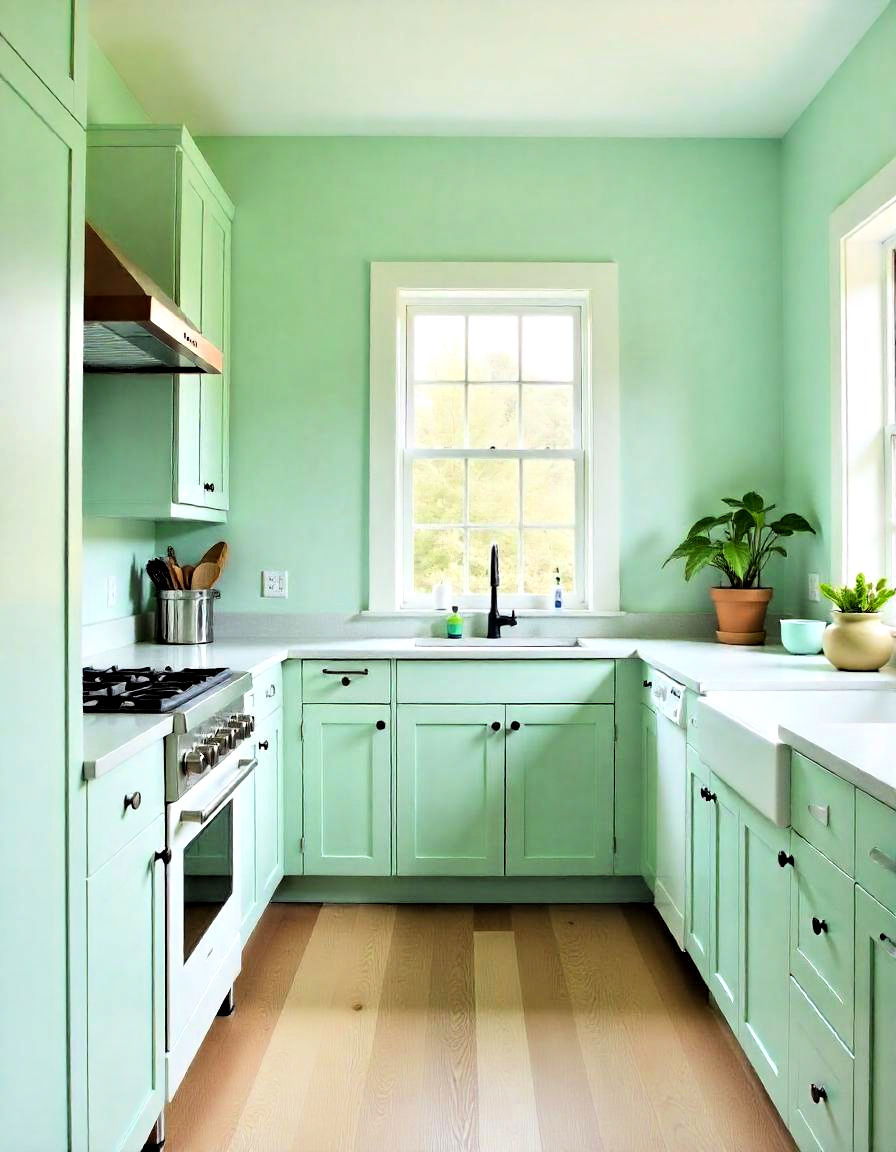 painting the kitchen walls mint green for a soft backdrop